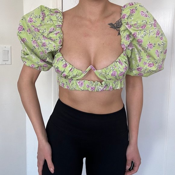 Zara Tops Zara Green Floral Flower Print Puff Sleeve Crop Top